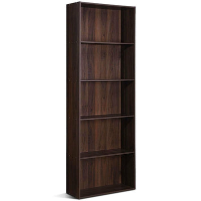Modern 5-Tier Bookcase Storage Shelf in Brown Walnut Wood Finish - Free Shipping 