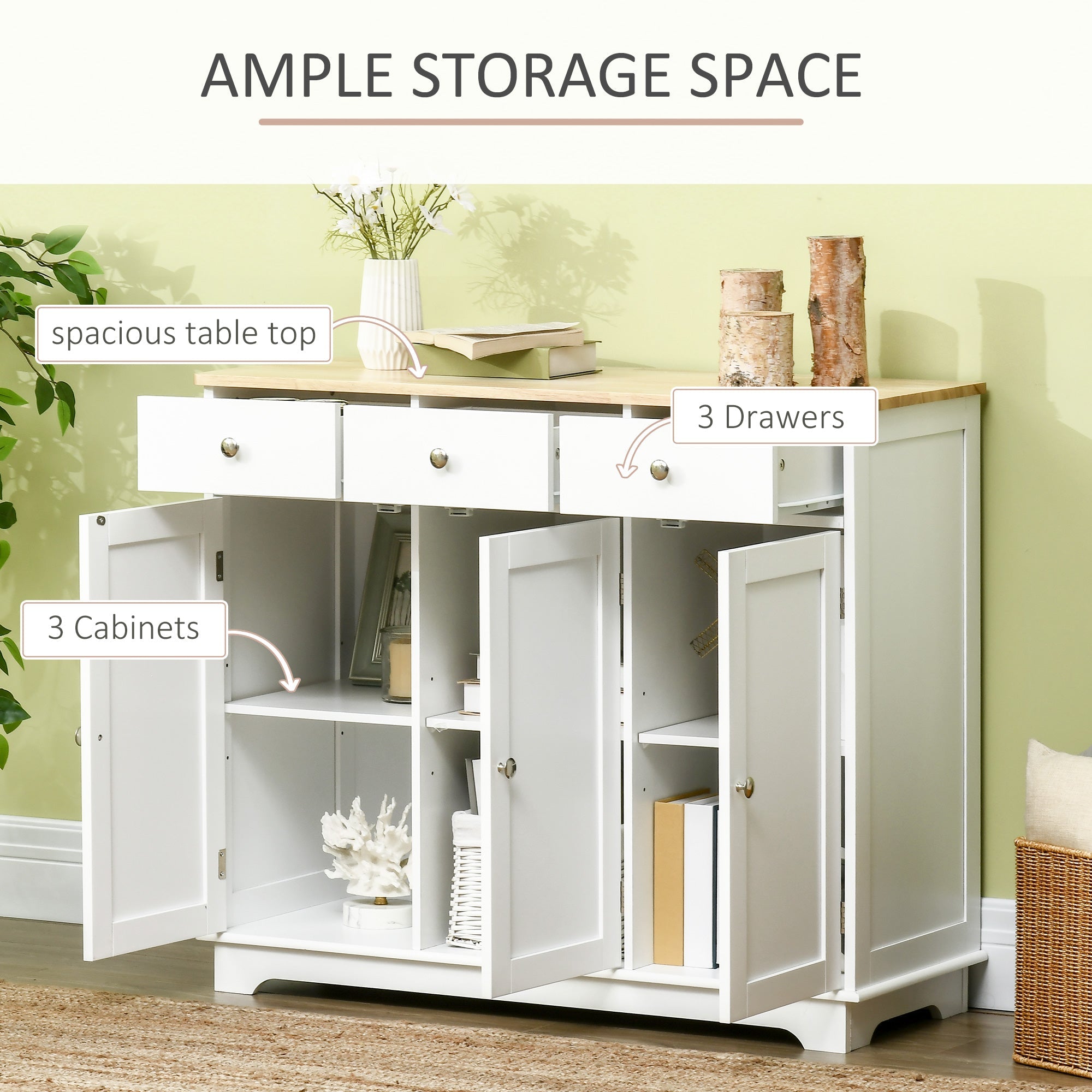 HOMCOM Modern Sideboard - Buffet Cabinet with Rubberwood Top, Storage Cabinets, Drawers & Adjustable Shelves 