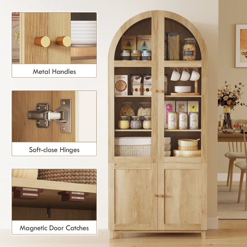 Arched Kitchen Pantry Cabinet, 71" Tall Farmhouse Kitchen Storage Cabinet with Acrylic Glass Doors, Oak