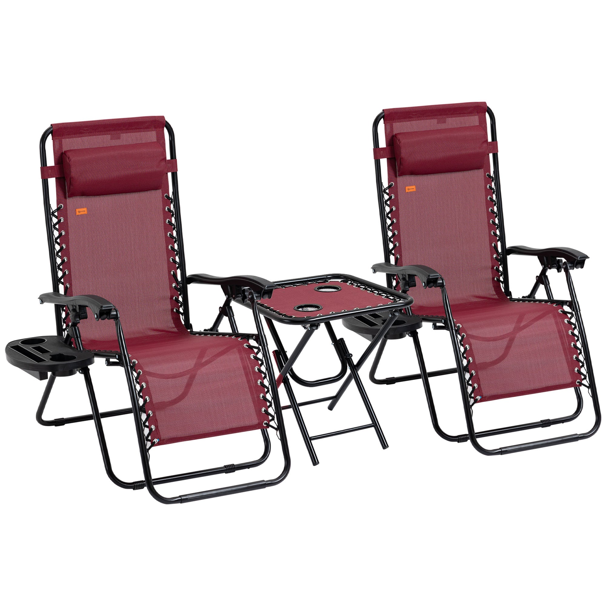 Outsunny Zero Gravity Chair Set of 2 Patio Chair with Side Table Cupholders and Pillows for Pool, Backyard, Lawn, Beach, Red 