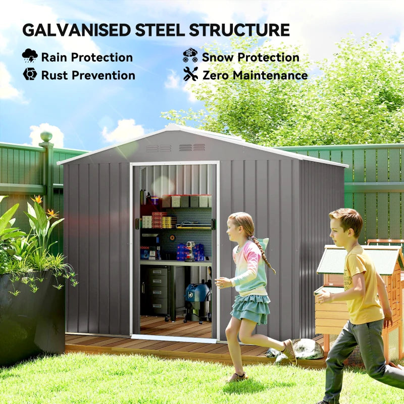 8' x 6' Outdoor Storage Shed, Metal Garden Tool Storage House with Lockable Sliding Doors and Vents, Light Grey