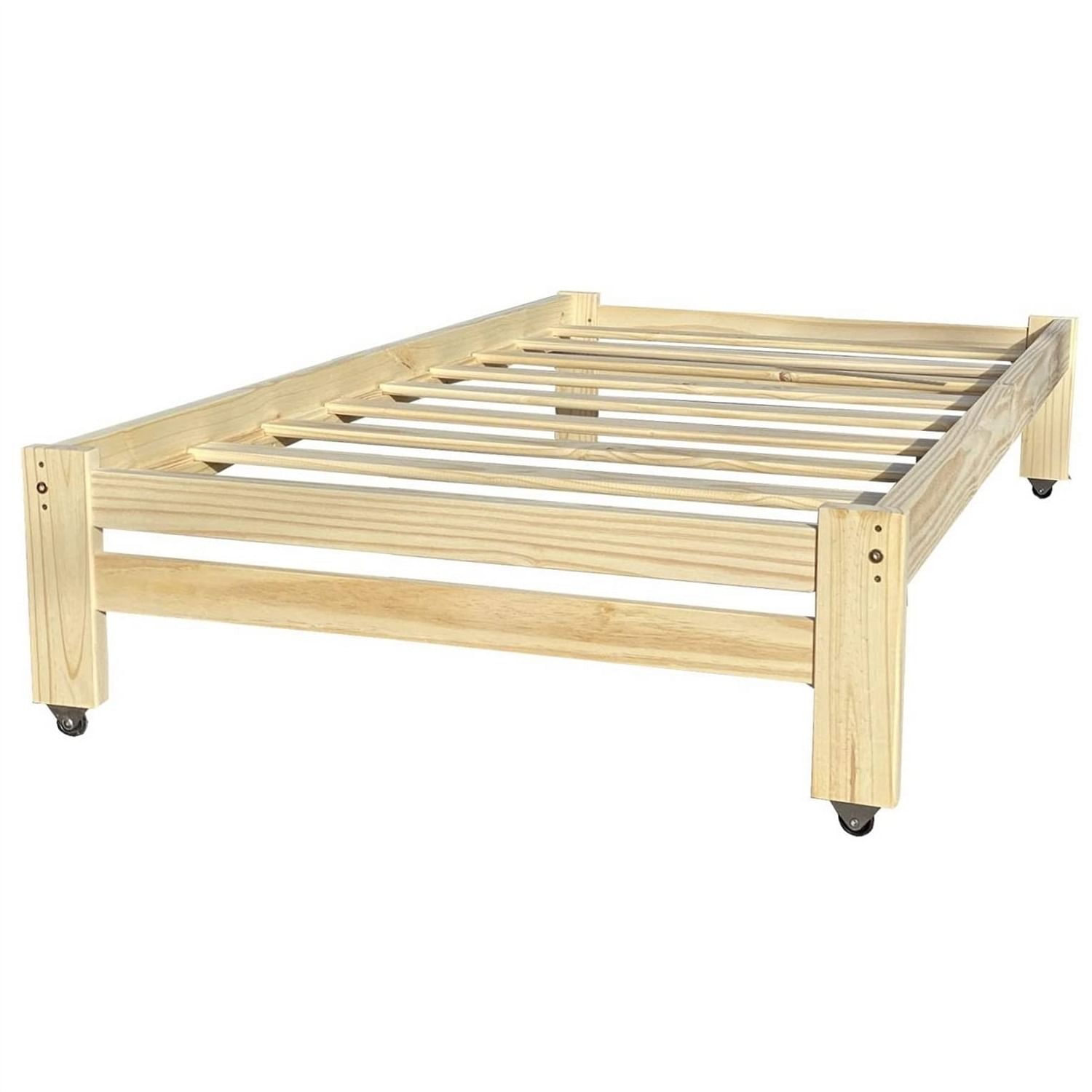 Twin Unfinished Solid Wood Platform Bed Frame with Casters Wheels - Free Shipping