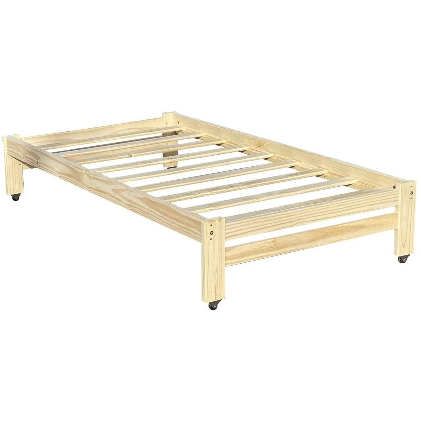 Twin Unfinished Solid Wood Platform Bed Frame with Casters Wheels - Free Shipping