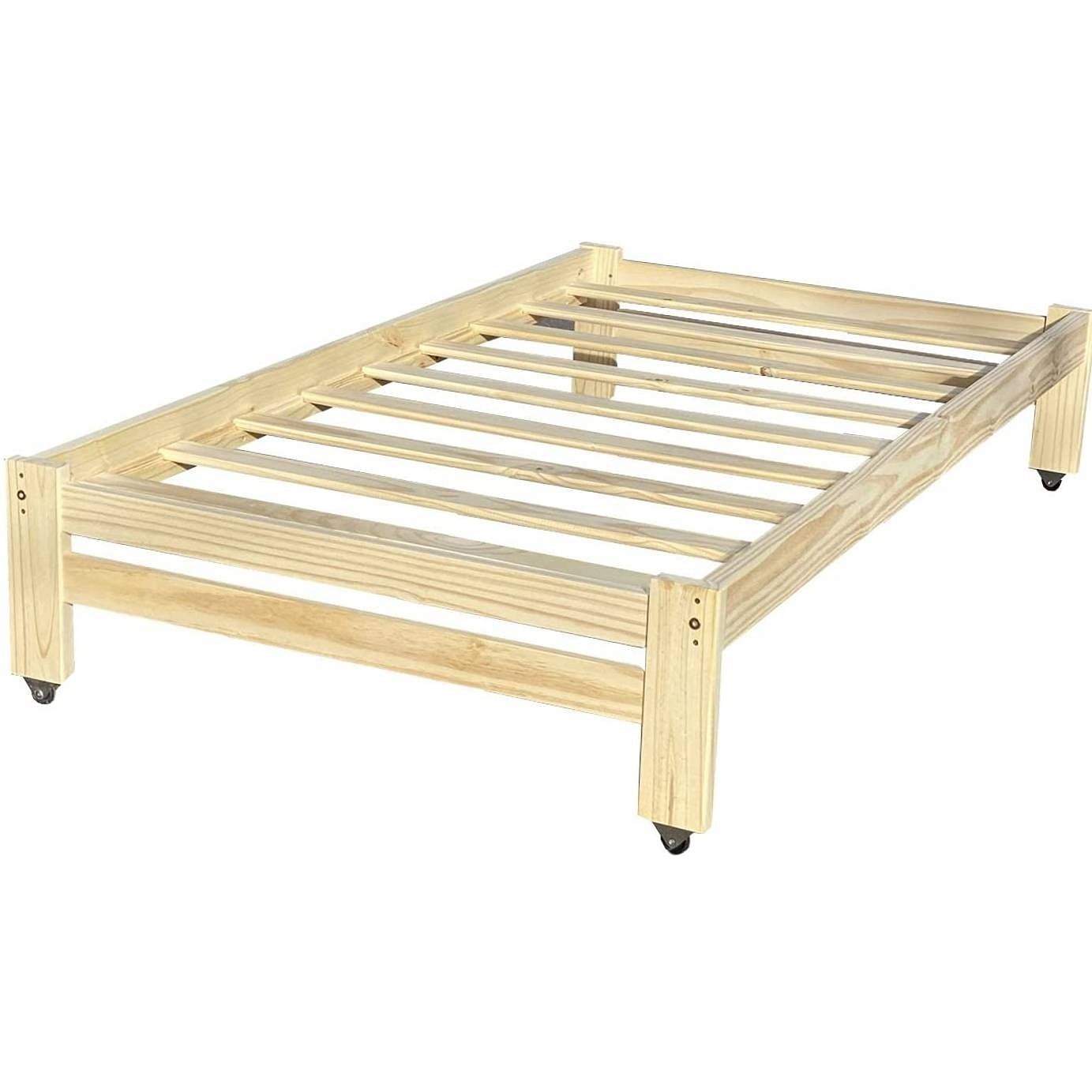 Twin Unfinished Solid Wood Platform Bed Frame with Casters Wheels - Free Shipping