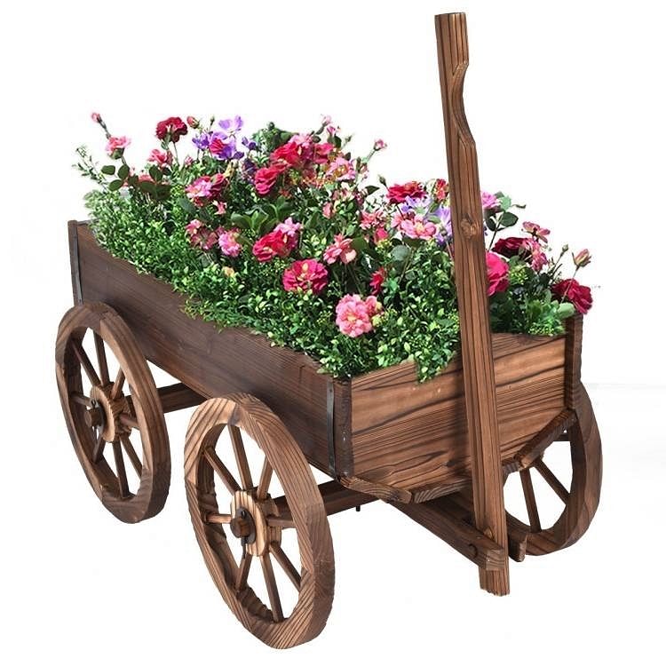 Outdoor Garden Fir Wood Barrel Planter Wagon on Wooden Wheels - Free Shipping 