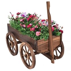 Outdoor Garden Fir Wood Barrel Planter Wagon on Wooden Wheels - Free Shipping 