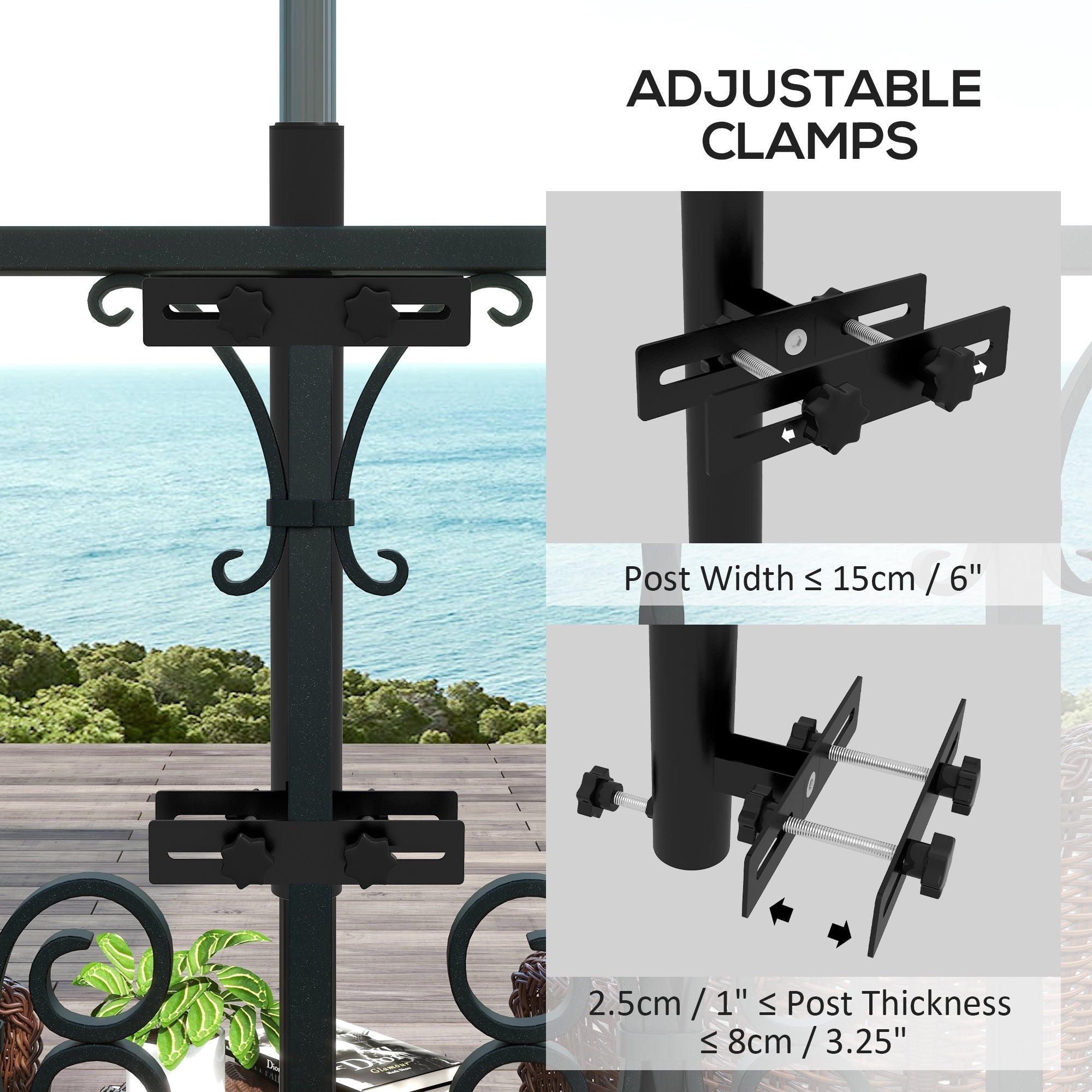 Outsunny Patio Umbrella Holder Stand for Deck Railing, Umbrella Deck Mount Bracket with Adjustable Clamps, Black 