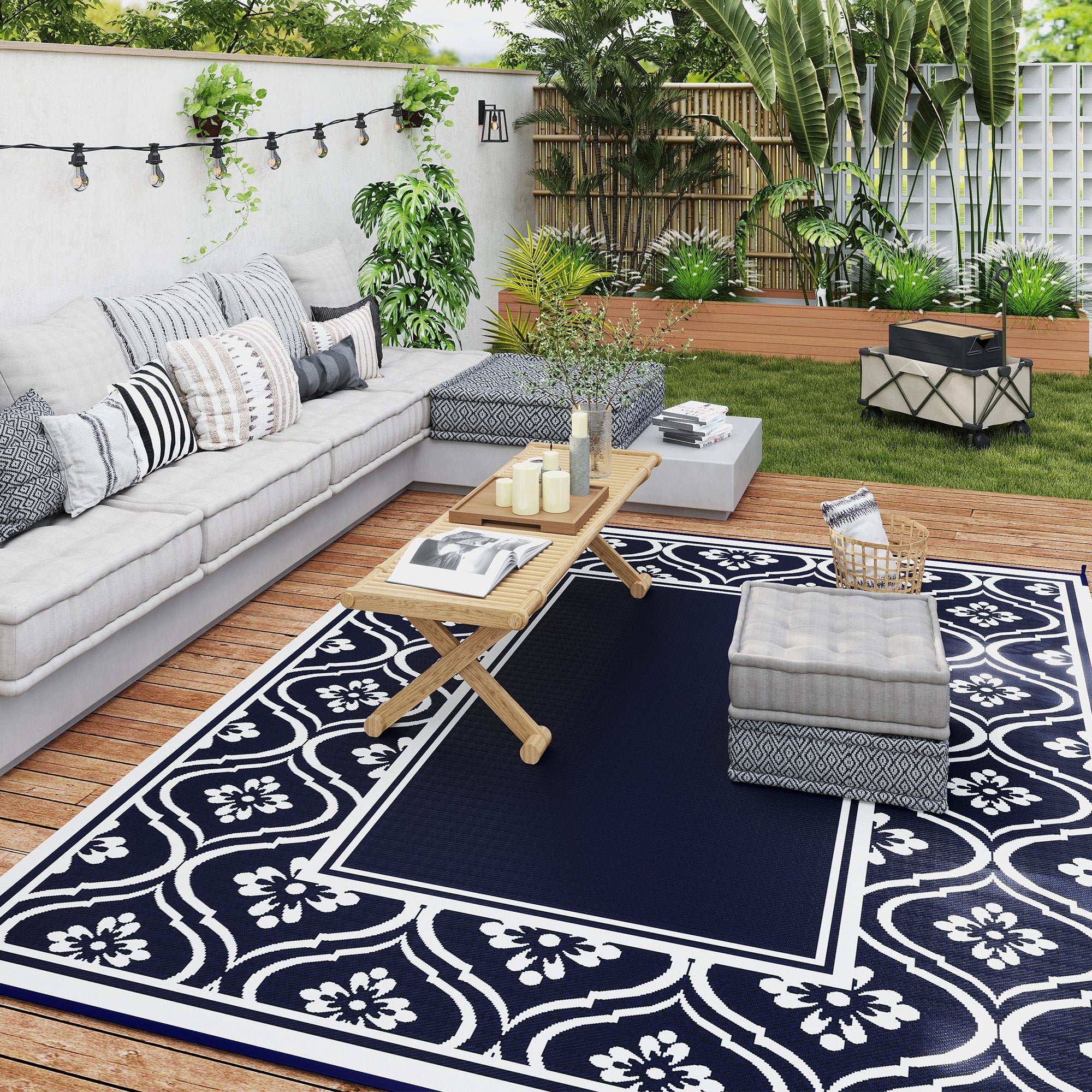Outsunny 8' x 10' Outdoor RV Rug, Reversible Patio Floor Mat with Carry Bag, Gourd Border, Blue and White 