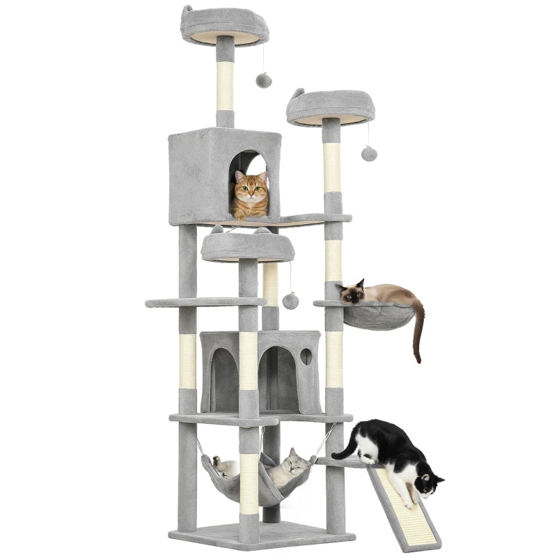 76" Large Cat Tree for Indoor Cats with 8 Scratching Posts, 3 Plush Beds, 2 Hammocks, 2 Large Condos, Ramp, Light Grey
