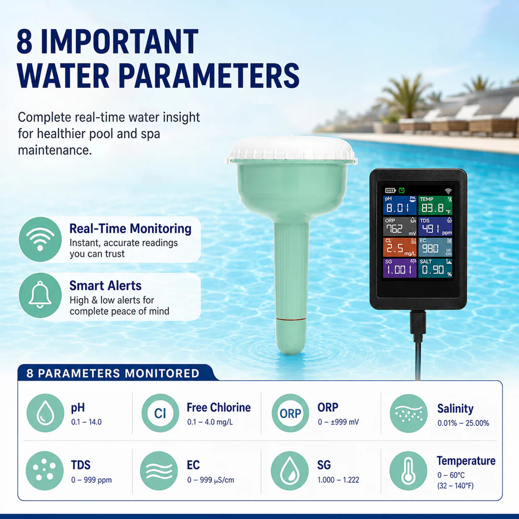8-in-1 Smart Wi-Fi Pool Water Monitor with Tuya App – pH, ORP, Chlorine, TDS, EC, Salinity & Temperature