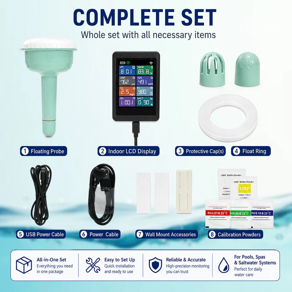 8-in-1 Smart Wi-Fi Pool Water Monitor with Tuya App – pH, ORP, Chlorine, TDS, EC, Salinity & Temperature
