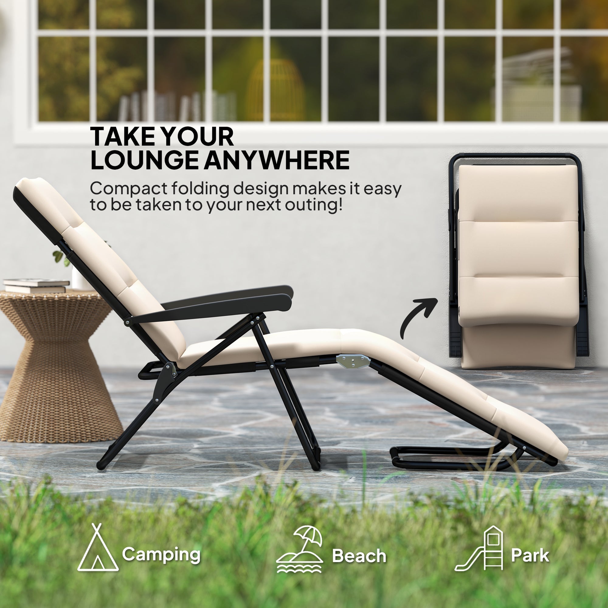 Outsunny Foldable Lounge Chair, Reclining Patio Sun Lounger with 6-Position Adjustable Back, Beige 