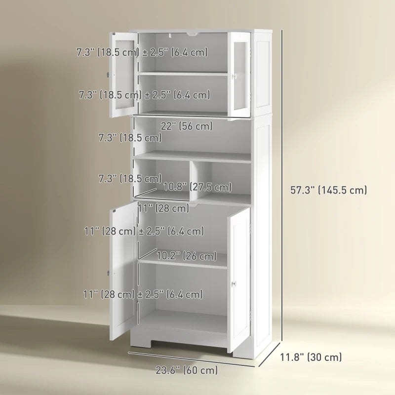 57" Kitchen Pantry, Freestanding Pantry Storage Cabinet with Glass Doors, Adjustable Shelves, Open Compartments, White