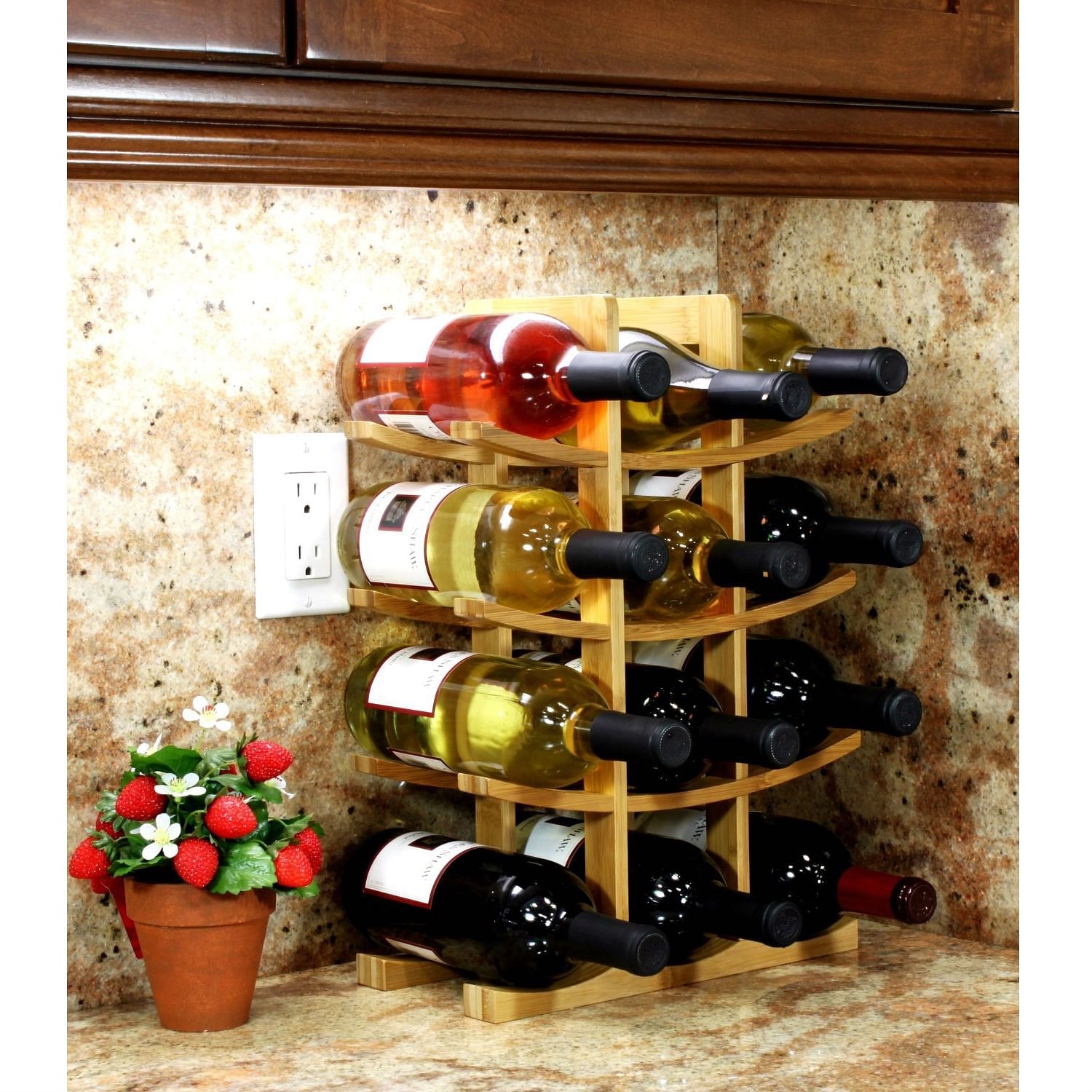 12-Bottle Wine Rack Modern Asian Style in Natural Bamboo - Free Shipping