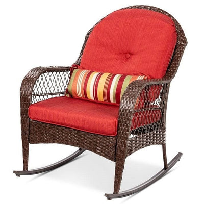 Outdoor Patio Brown Wicker Rocking Chair with Red Cushions and Accent Pillow - Free Shipping 