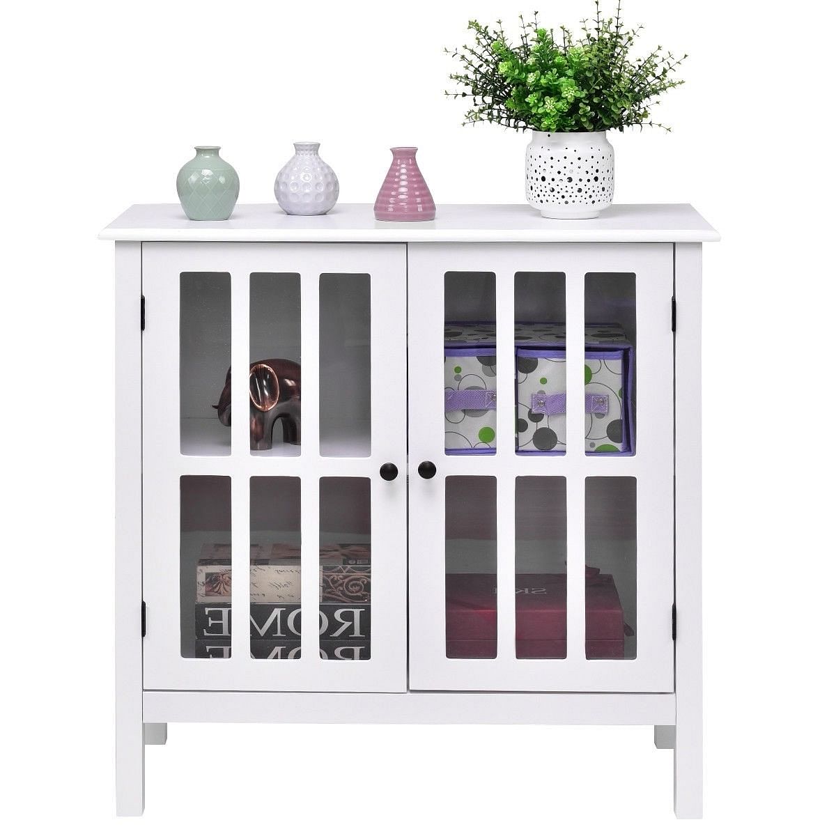 White Wood Sideboard Buffet Cabinet with Glass Panel Doors - Free Shipping 