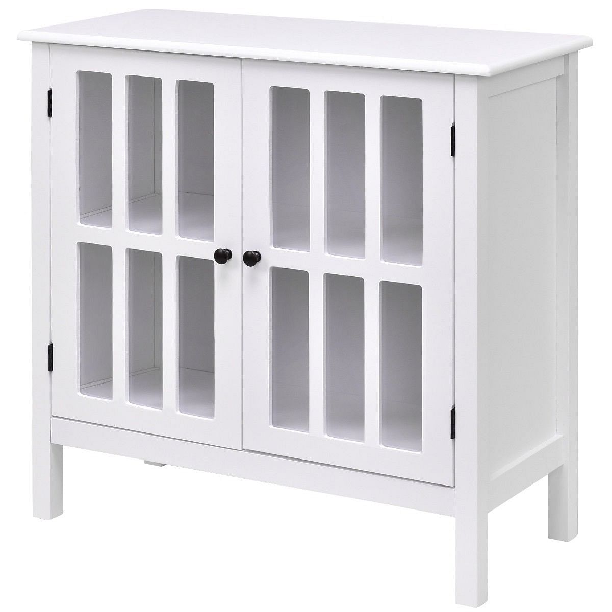 White Wood Sideboard Buffet Cabinet with Glass Panel Doors - Free Shipping