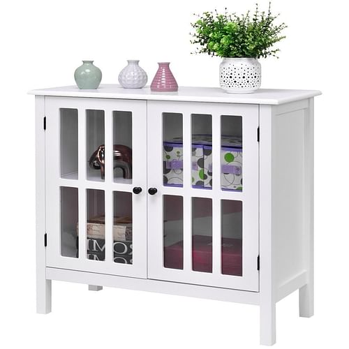 White Wood Sideboard Buffet Cabinet with Glass Panel Doors - Free Shipping