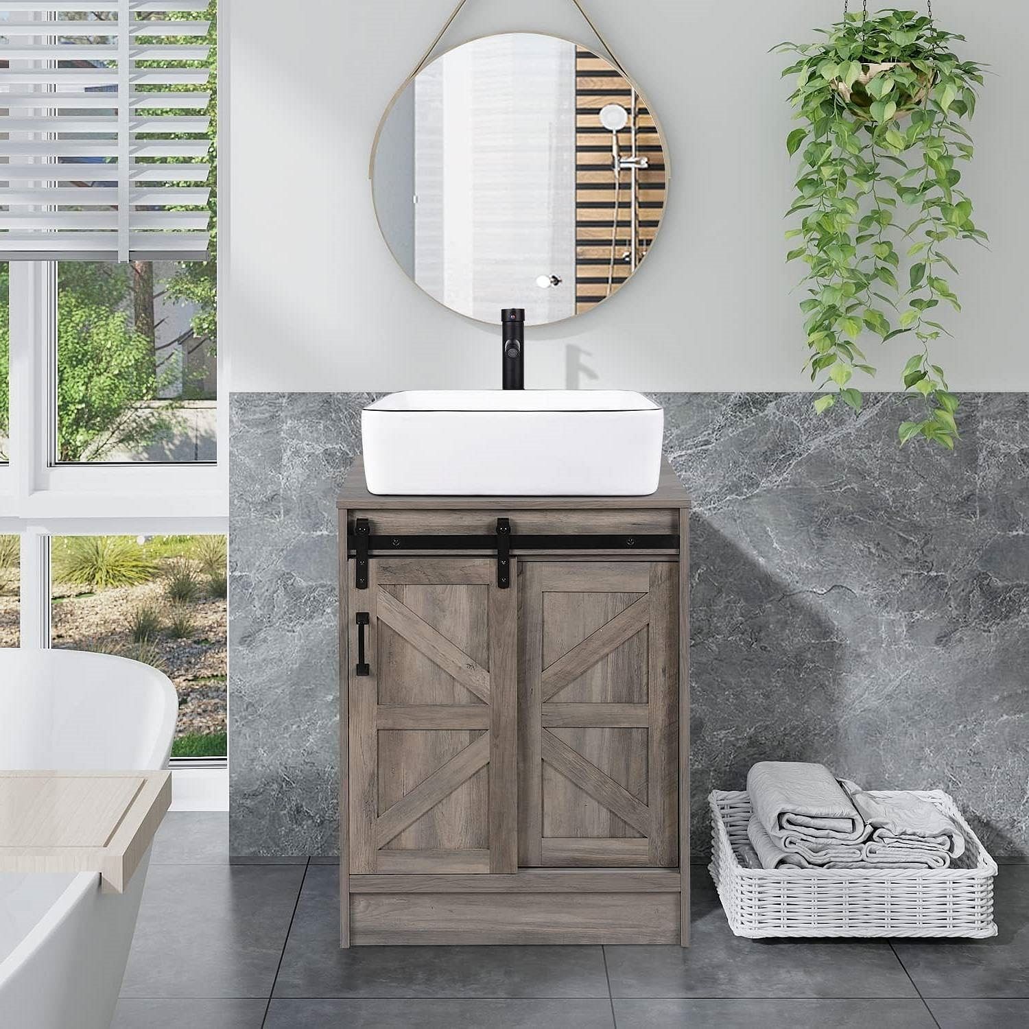 Farmhouse Modern Bathroom Vanity in Rustic Wooden Finish with White Ceramic Sink - Free Shipping