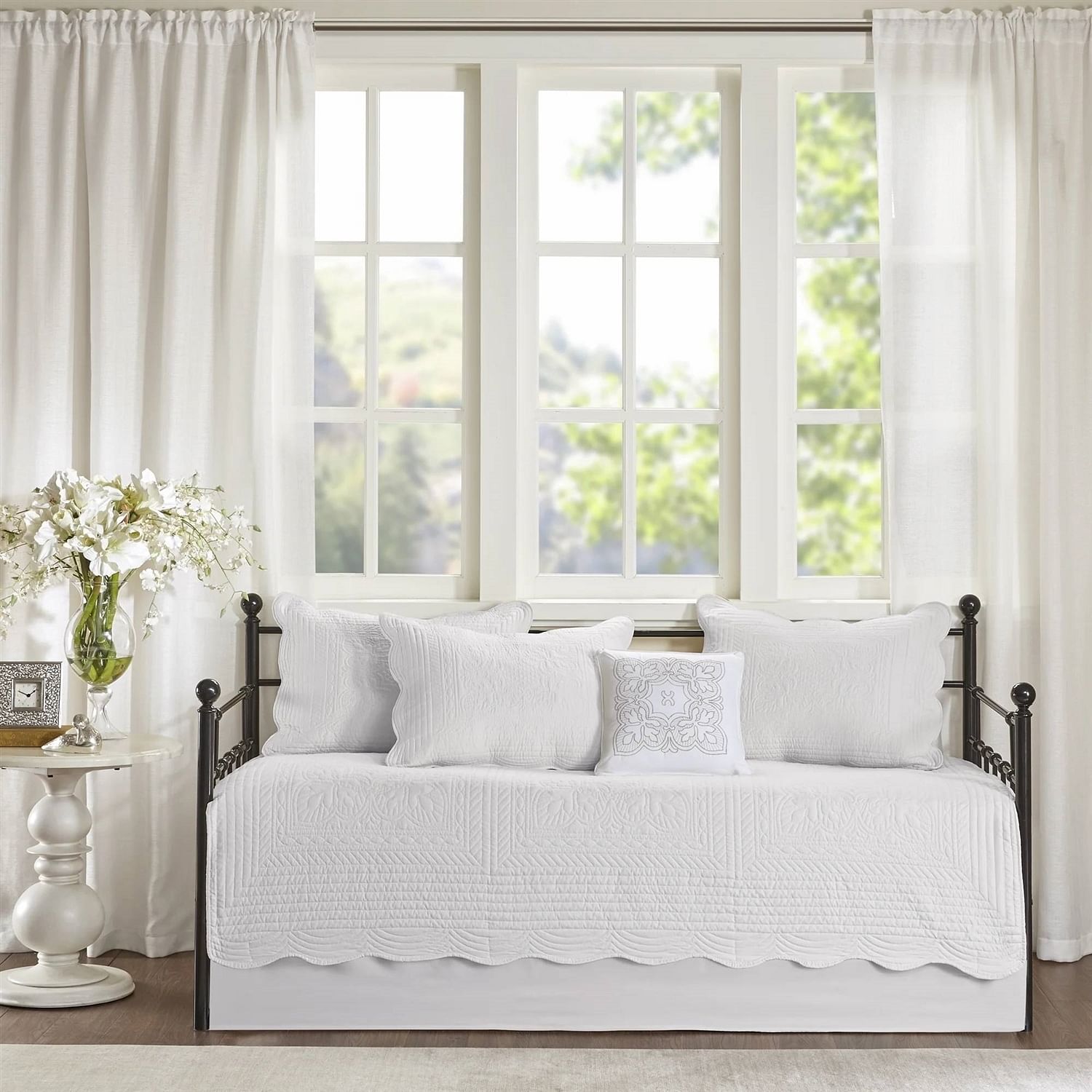 6-Piece Farmhouse White Daybed Cover Bedding Set with Scalloped Edges - Free Shipping