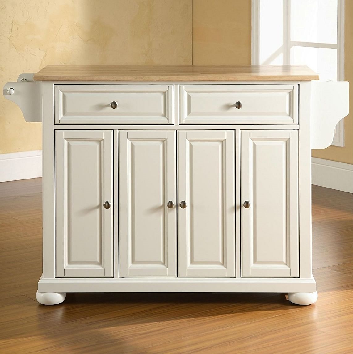 White Kitchen Island Storage Cabinet with Solid Wood Top - Free Shipping