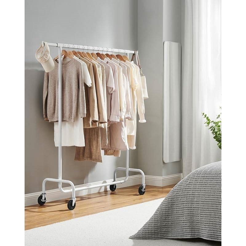 Heavy Duty White Metal Garment Rack Clothes Hanging Bar on Wheels - Free Shipping 
