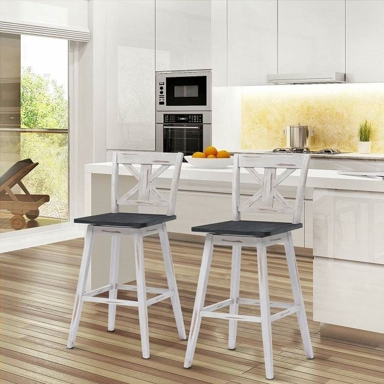 Set of 2 White Wood 29-in Modern Kitchen Dining Farmhouse Swivel Seat Barstools - Free Shipping 
