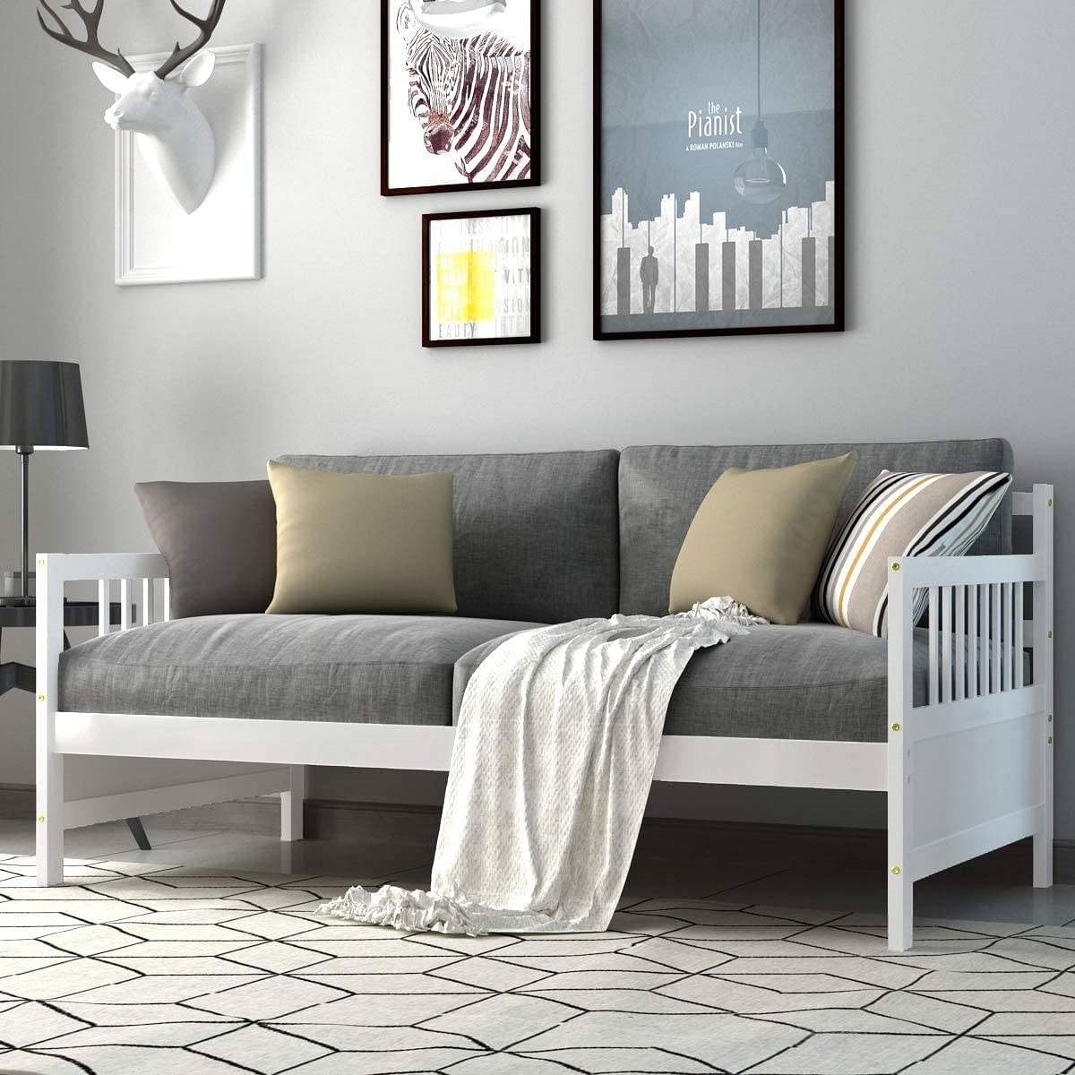 Twin size 2-in-1 Wood Daybed Frame Sofa Bed in White Finish - Free Shipping