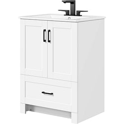 White Wood Finish Bathroom Vanity with Ceramic Sink - Free Shipping