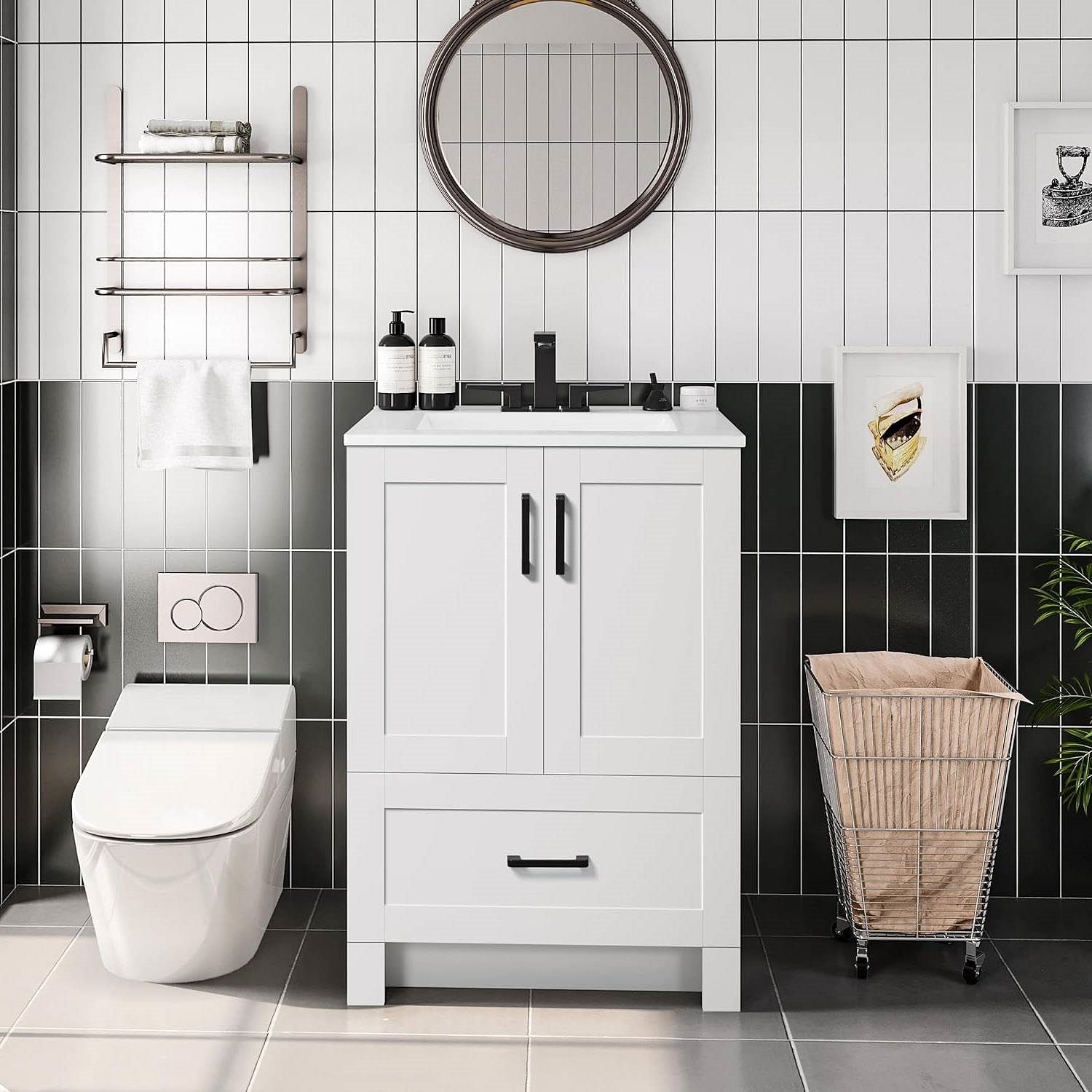 White Wood Finish Bathroom Vanity with Ceramic Sink - Free Shipping