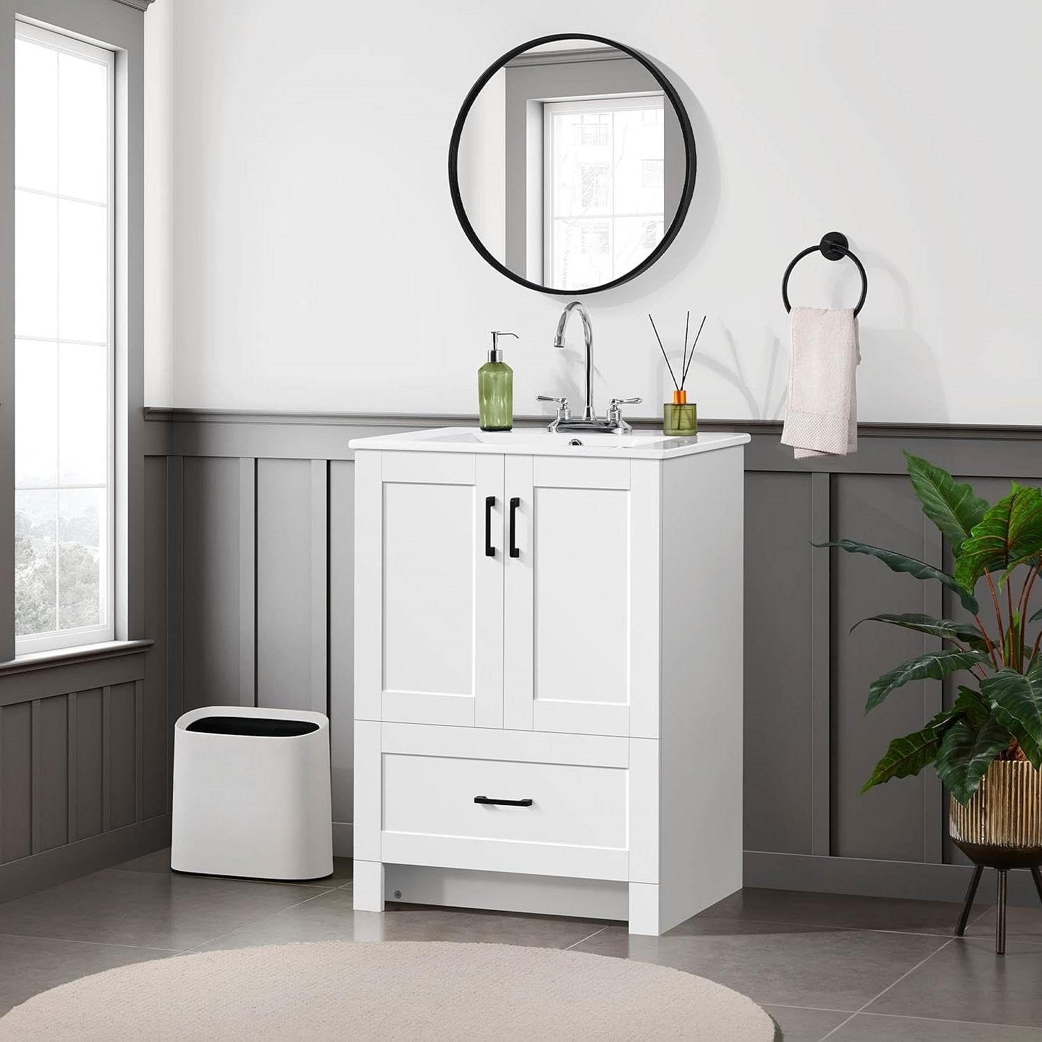 White Wood Finish Bathroom Vanity with Ceramic Sink - Free Shipping