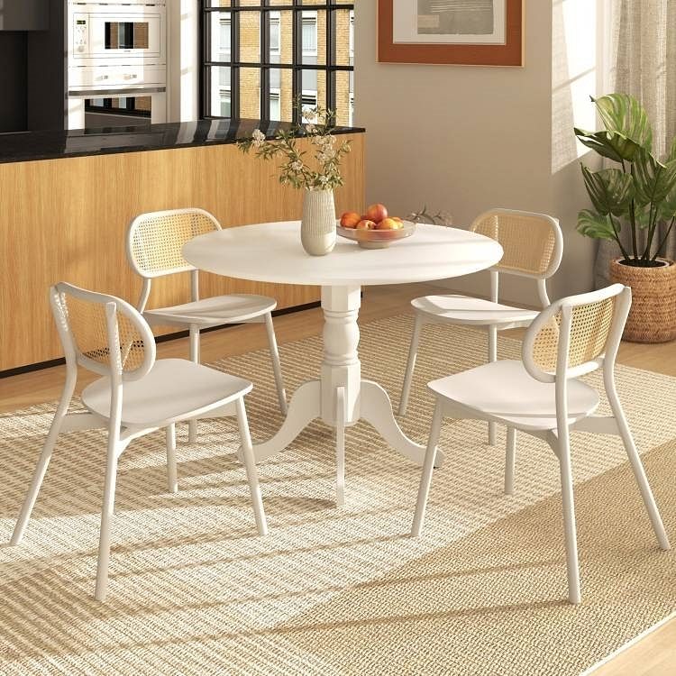 Round Solid Wood Kitchen Dining Table in White Farmhouse Wooden Finish - Free Shipping