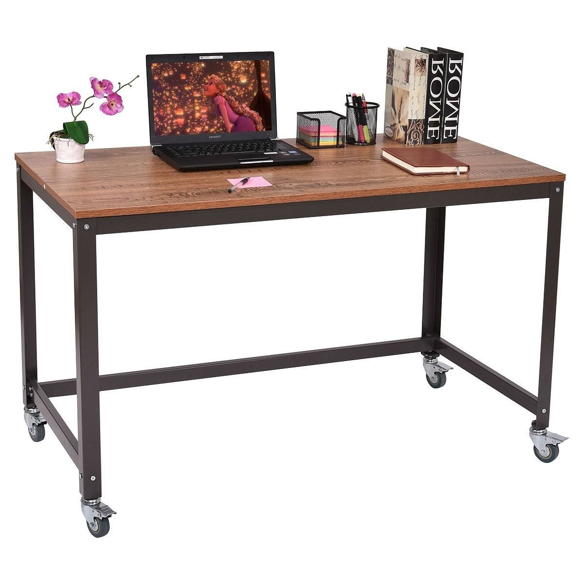 Industrial Modern Steel Frame Wood Top Computer Desk with Locking Wheels - Free Shipping 