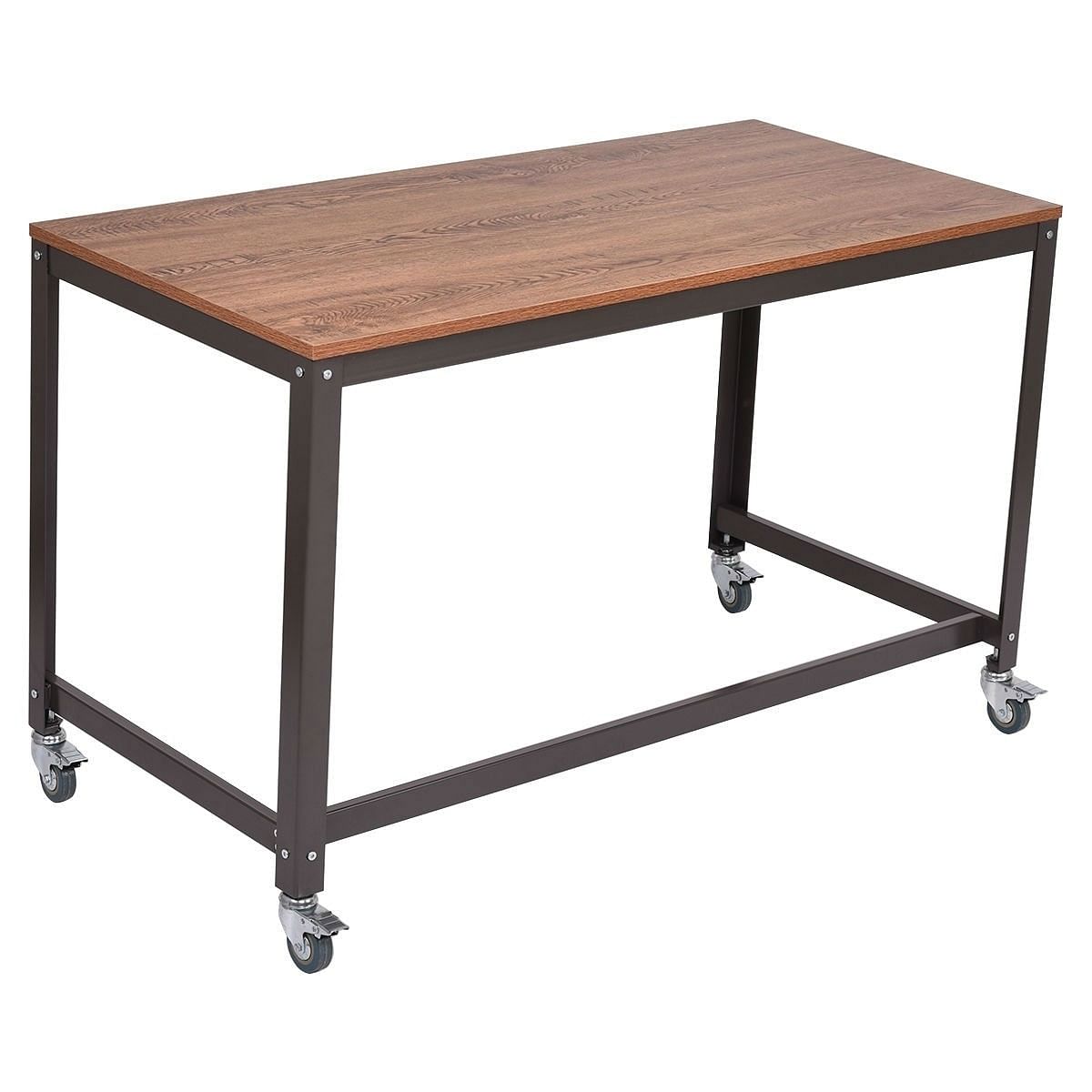 Industrial Modern Steel Frame Wood Top Computer Desk with Locking Wheels - Free Shipping 