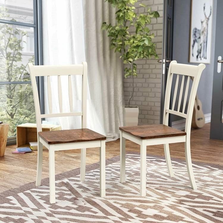 Set of 2 Solid Wood White Mission Style Armless Dining Chair with Brown Seat - Free Shipping