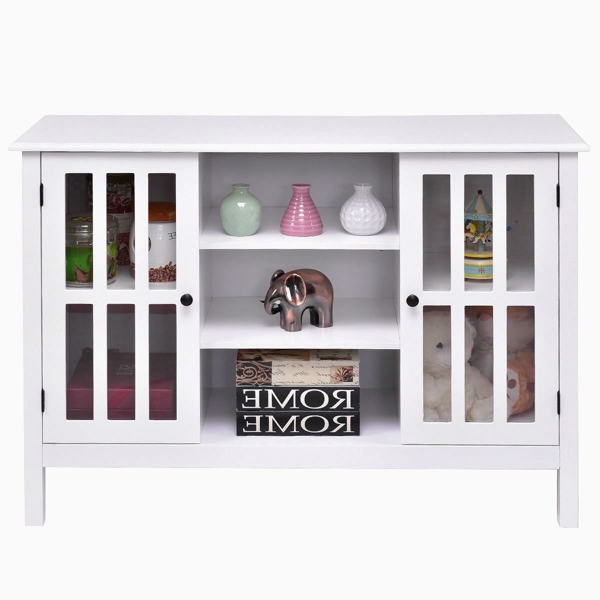 White Wood Sofa Table Console Cabinet with Tempered Glass Panel Doors - Free Shipping