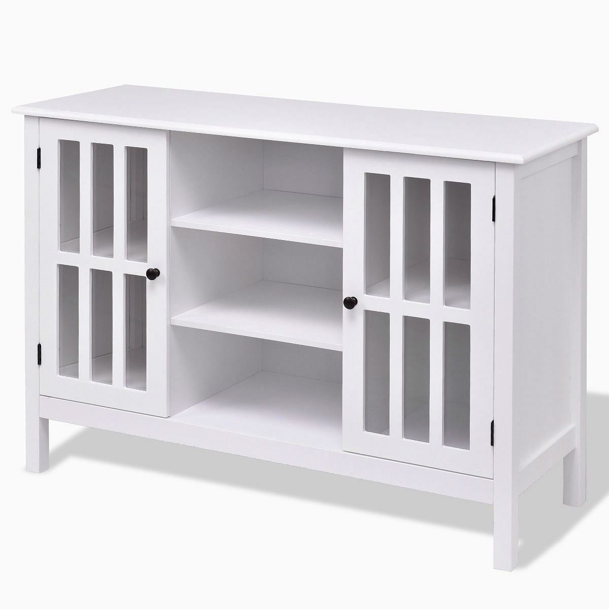 White Wood Sofa Table Console Cabinet with Tempered Glass Panel Doors - Free Shipping