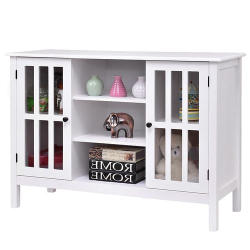 White Wood Sofa Table Console Cabinet with Tempered Glass Panel Doors - Free Shipping