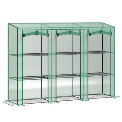 Outsunny Lean-to Greenhouse with 3 Tier Shelves, Mini Greenhouse with 3 Roll-Up Doors for Indoor Outdoor, Green 
