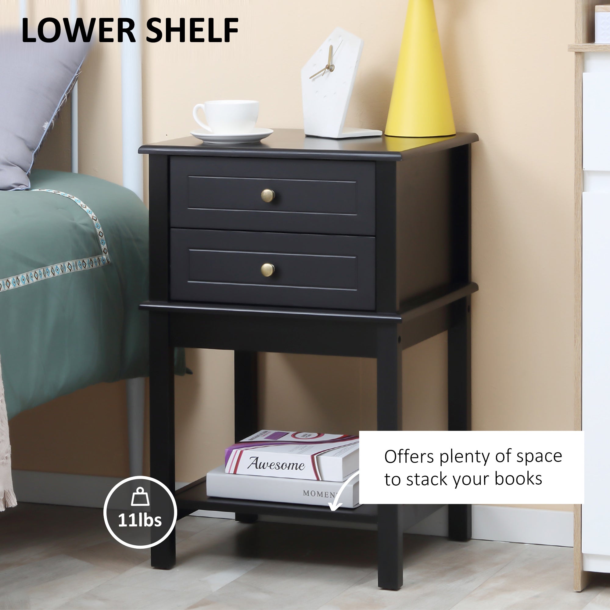 HOMCOM Chic End Table: Modern Sofa Side Table with Drawers and Storage Shelf, Nightstand for Bedroom, Living Room, Matte Black 