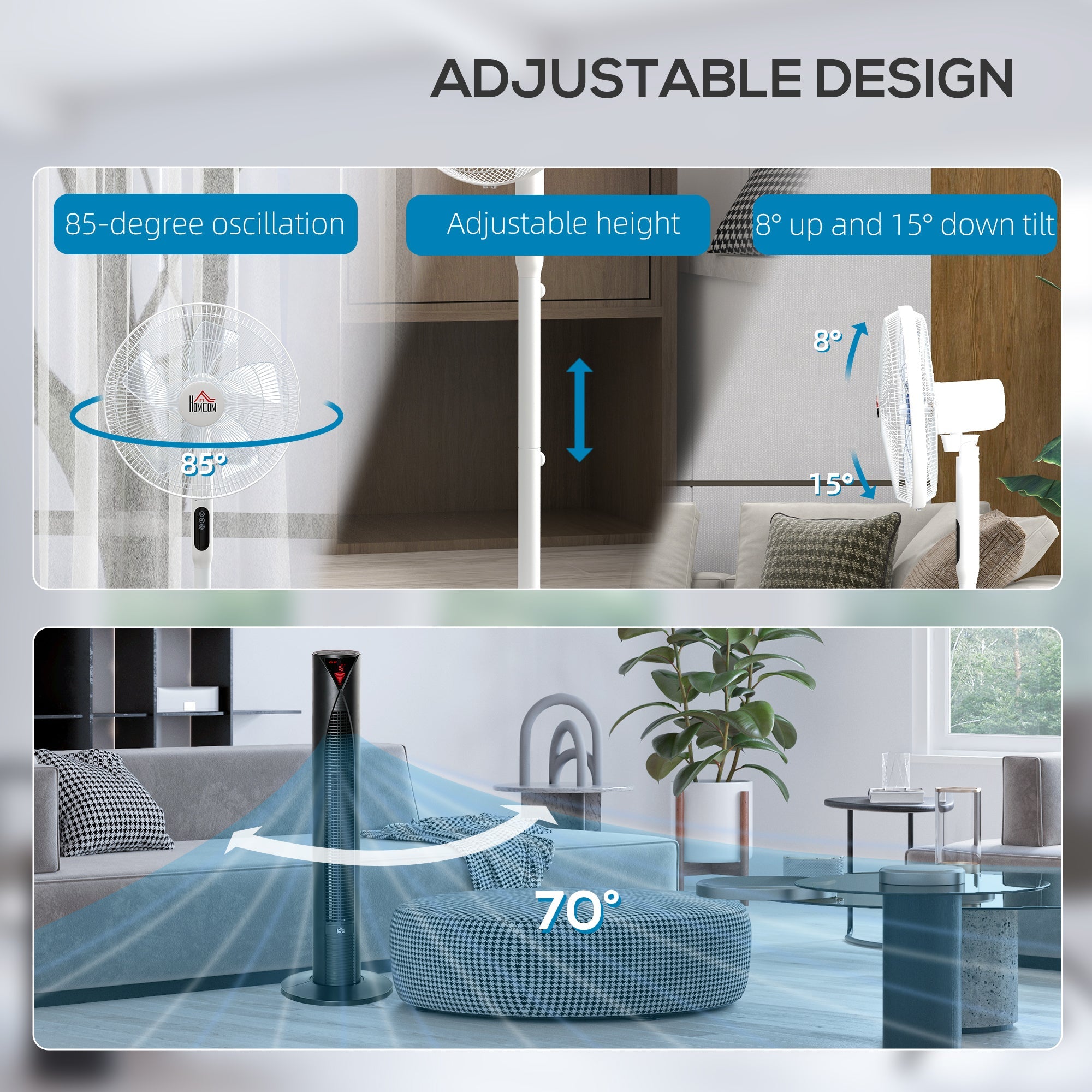 HOMCOM Tower Fan and 16" Pedestal Fan Set, with Remote Control, Height Adjustable, Tilted Head, Timer, Oscillating Standing Fans, White 
