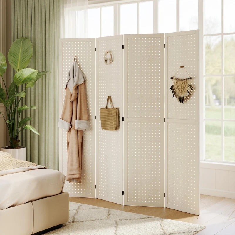 5.6 Ft. Tall 4-Panel Room Divider, Pegboard Panel Folding Privacy Screen, Partition Wall Divider for Bedroom, White