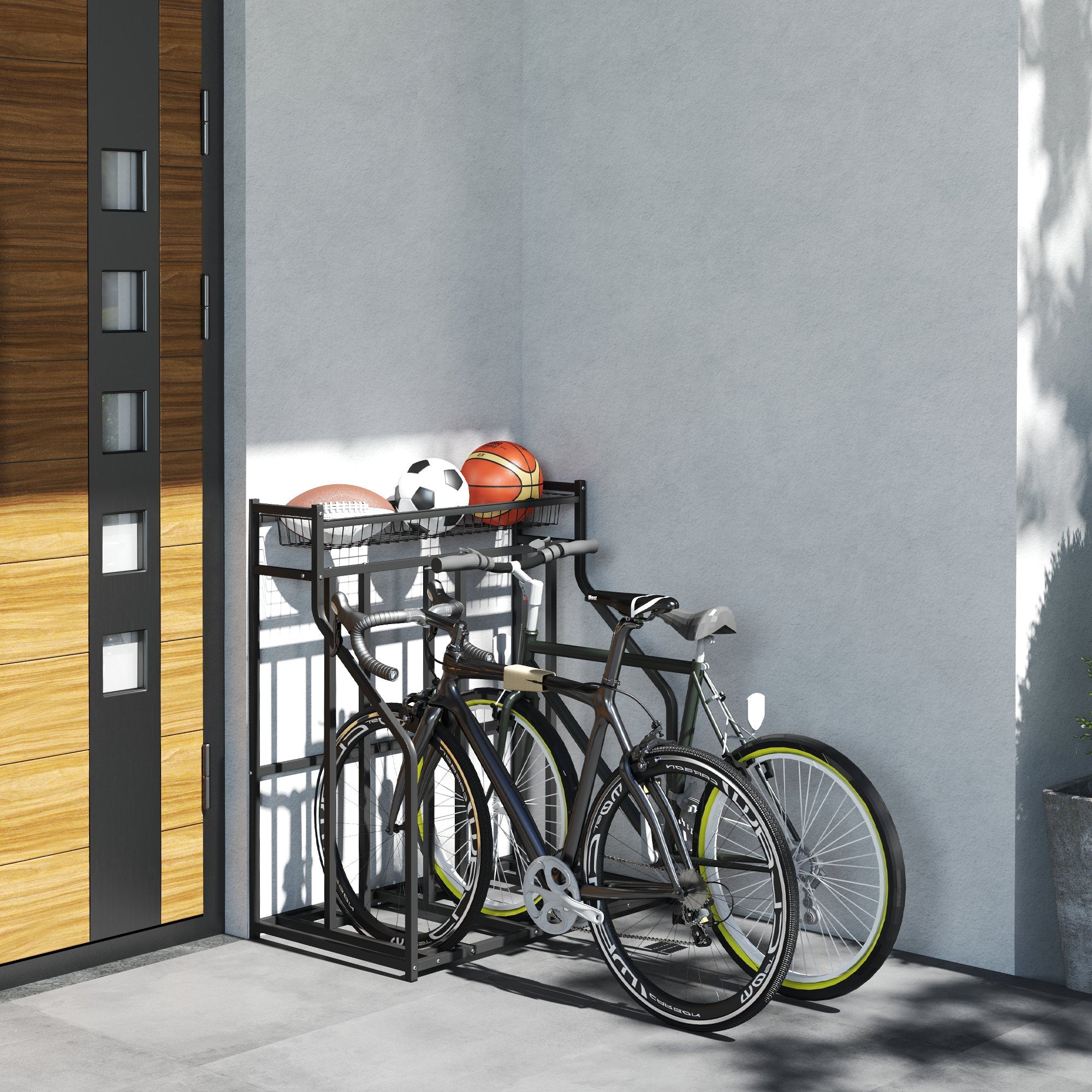 Soozier 3 Bicycle Bike Stand, Metal Floor Bike Storage Rack with Basket, Hooks, Indoor Outdoor Bicycle Stand, Black 