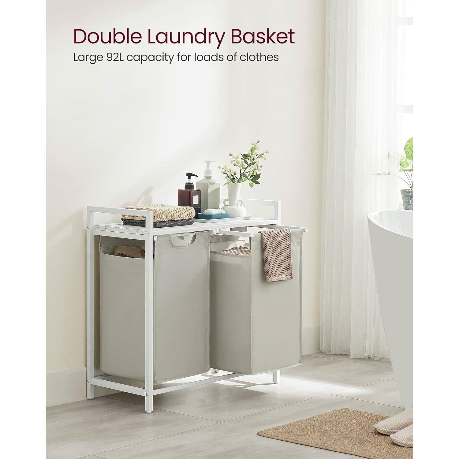 2-Basket Laundry Hamper Sorter White Frame Removable Bags and Top Storage Shelf - Free Shipping 