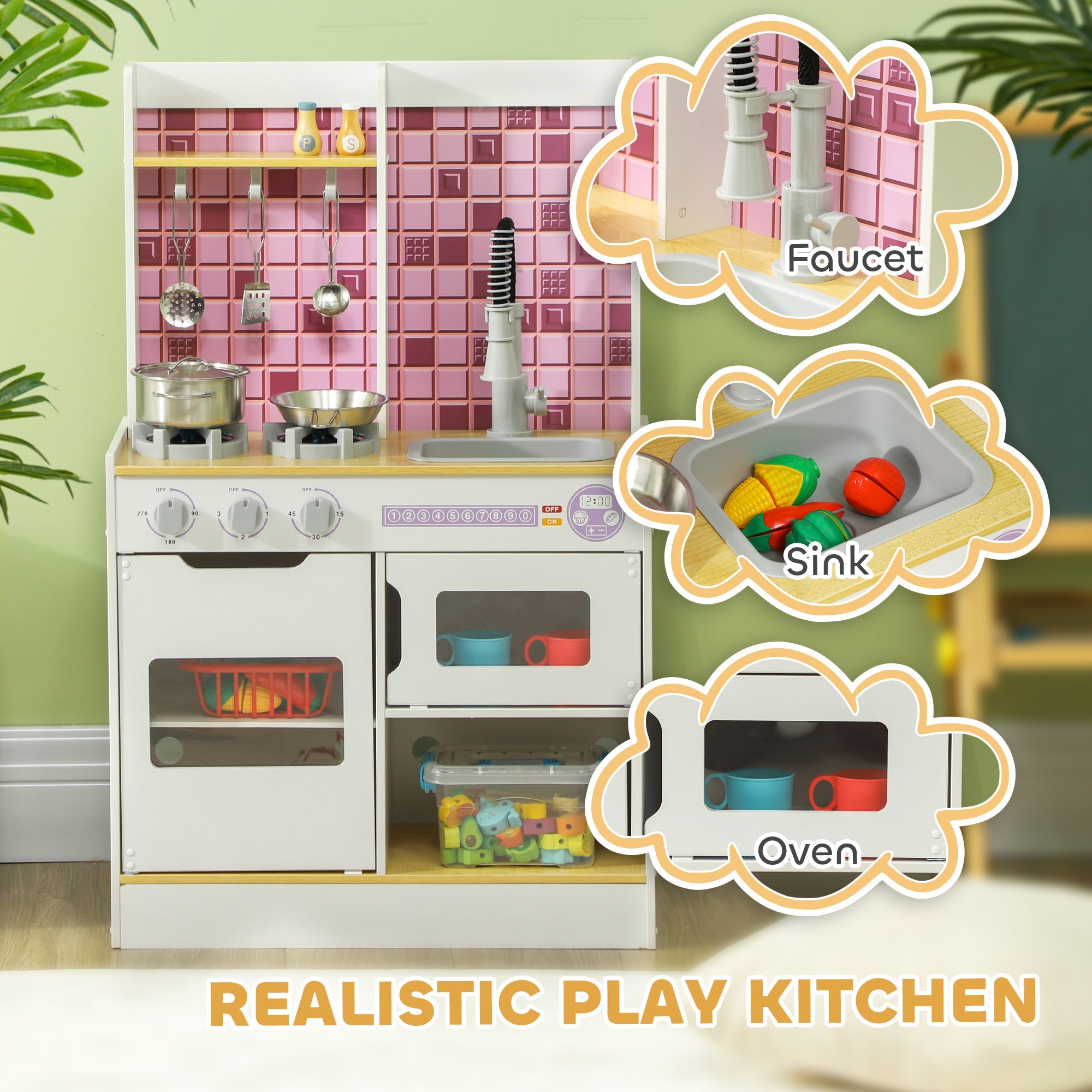 Qaba Play Kitchen Set for Kids, Kids Kitchen Playset with Realistic Lights & Sounds, Sink, Oven, Stove, White 