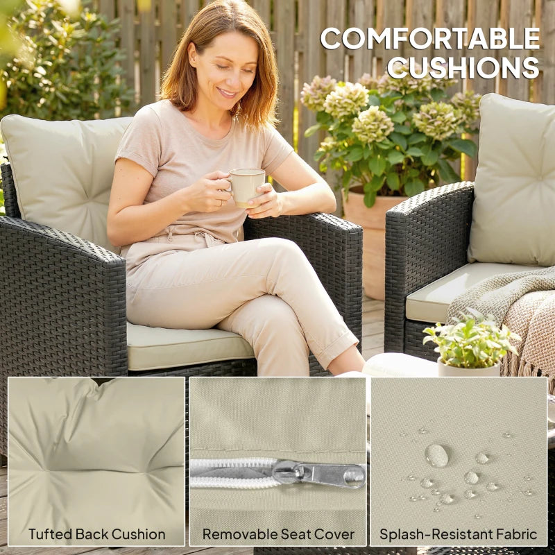 Outdoor Bistro Set, 3 Piece Wicker Patio Furniture Set with 2-Tier Glass Top Table, Cushions for Porch, Balcony, Beige