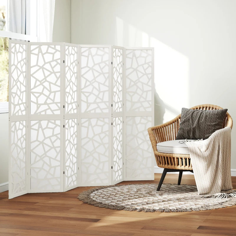 6 Panel Room Divider, 5.6 FT Lightweight Folding Privacy Screen with Geometric Pattern for Living Room, Bedroom, White