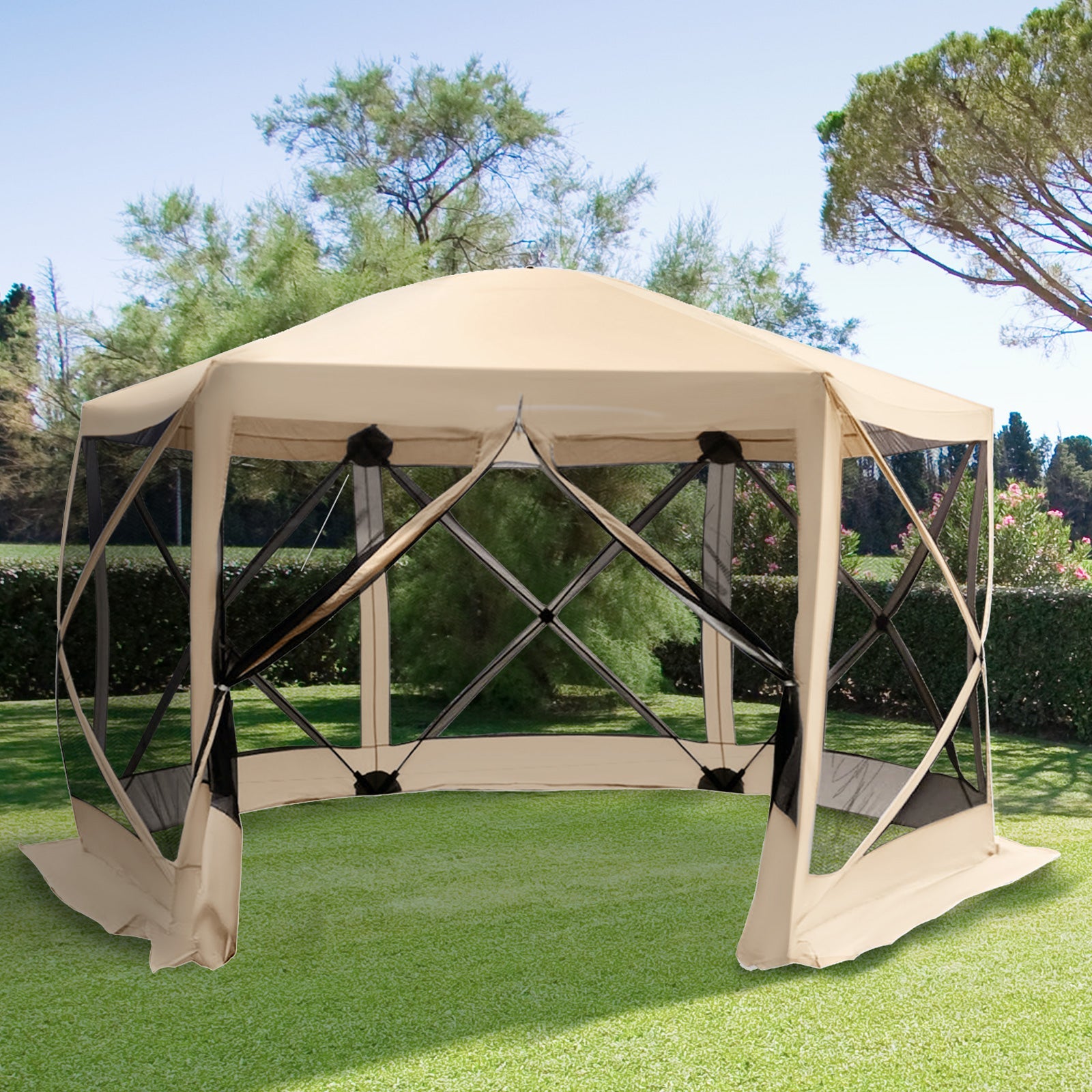 Outsunny Pop Up Screen Tent 12' Hexagon, Automatic Camping Shelter with Mesh Sidewalls, Outdoor Sun Shade 
