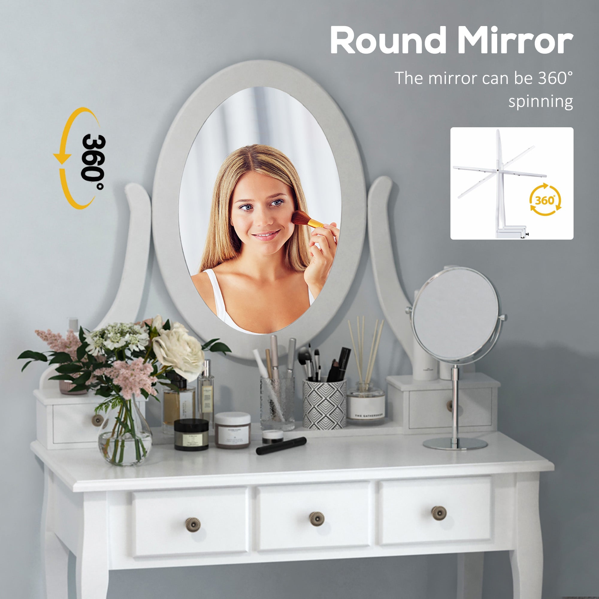 HOMCOM Wooden Vanity Table Set, Makeup Dressing Table with 360° Rotating, 5 Drawers and Padded Stool, White 