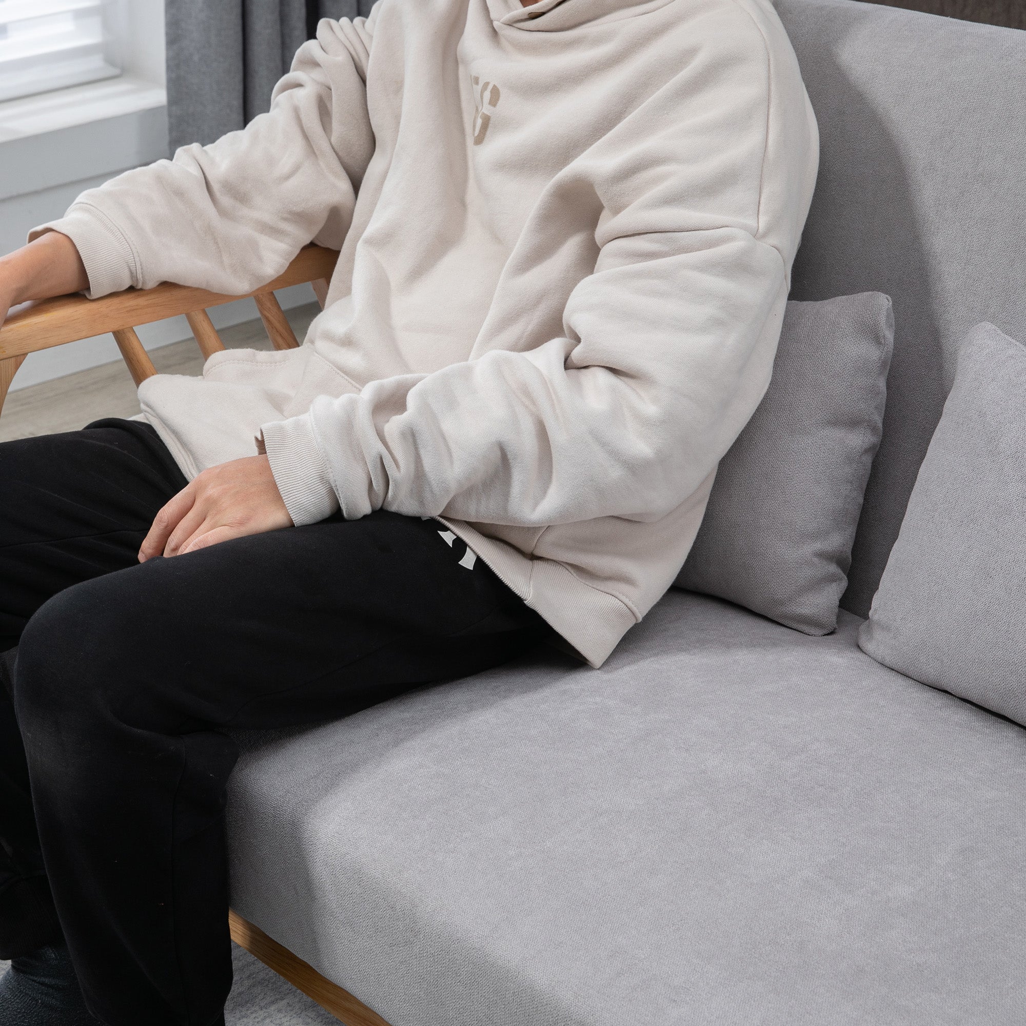 HOMCOM Loveseat Sofa 55" 2-Seater Upholstered 2 Throw Cushions Rubber Wood Frame Grey 